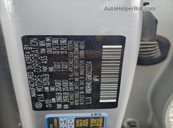 KNDRH4LG6M5022304 2021 KIA SORENTO Silver Widok naklejki z numerem VIN