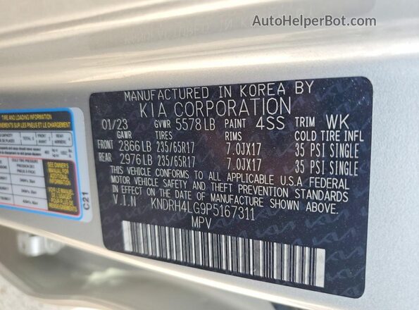 KNDRH4LG9P5167311 2023 KIA SORENTO Silver VIN კოდის სტიკერის ხედი