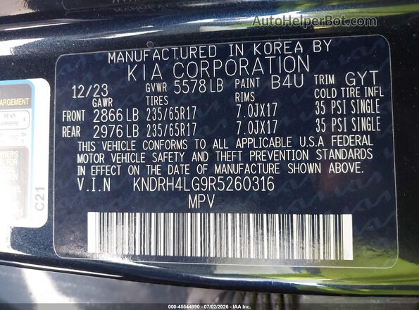 KNDRH4LG9R5260316 2024 KIA SORENTO HYBRID Dark Blue Вид подкапотного пространства