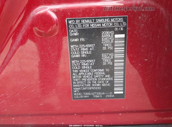 KNMAT2MT0GP651013 2016 NISSAN ROGUE Red Vista del compartimento del motor