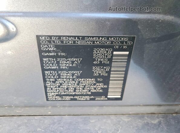 KNMAT2MT0GP657278 2016 NISSAN ROGUE Gray Вид наклейки з VIN-кодом