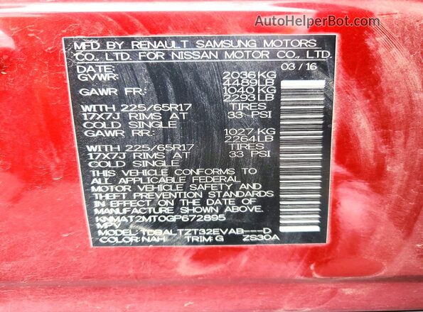 KNMAT2MT0GP672895 2016 NISSAN ROGUE Burgundy VIN კოდის სტიკერის ხედი
