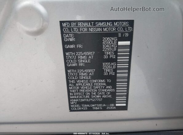 KNMAT2MT0LP527737 2020 NISSAN ROGUE Silver Widok komory silnika