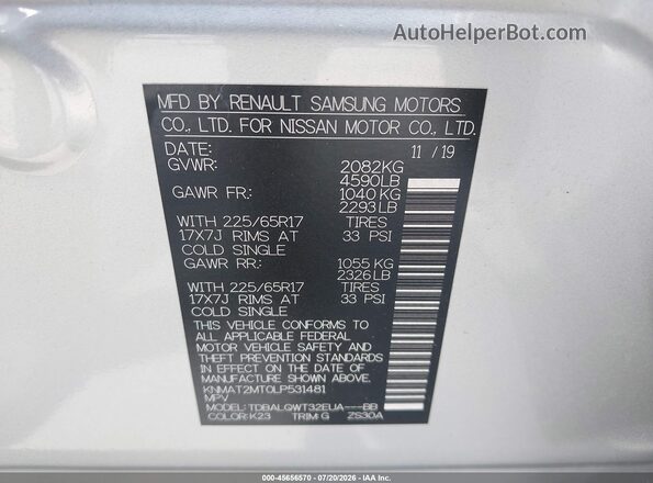 KNMAT2MT0LP531481 2020 NISSAN ROGUE Silver Widok komory silnika