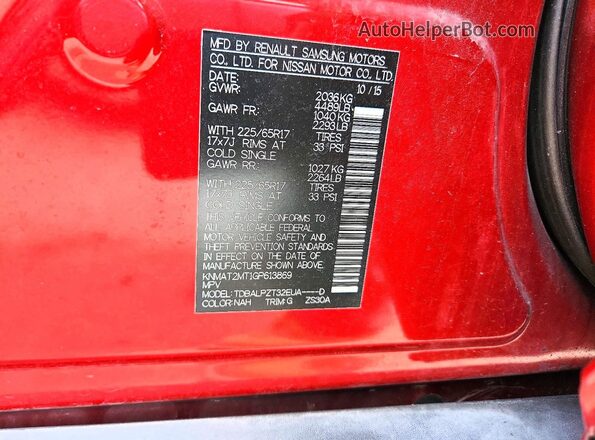 KNMAT2MT1GP613869 2016 NISSAN ROGUE Red VIN կոդի պիտակի տեսք
