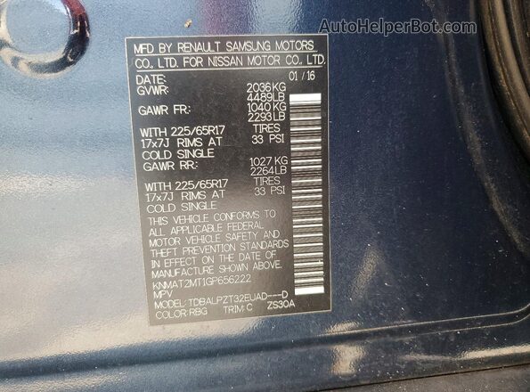 KNMAT2MT1GP656222 2016 NISSAN ROGUE Gray Widok naklejki z numerem VIN