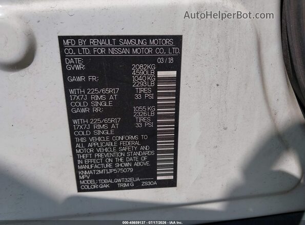 KNMAT2MT1JP575079 2018 NISSAN ROGUE White Engine compartment view