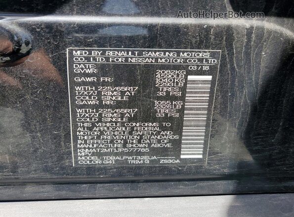 KNMAT2MT1JP577785 2018 NISSAN ROGUE Black VIN კოდის სტიკერის ხედი