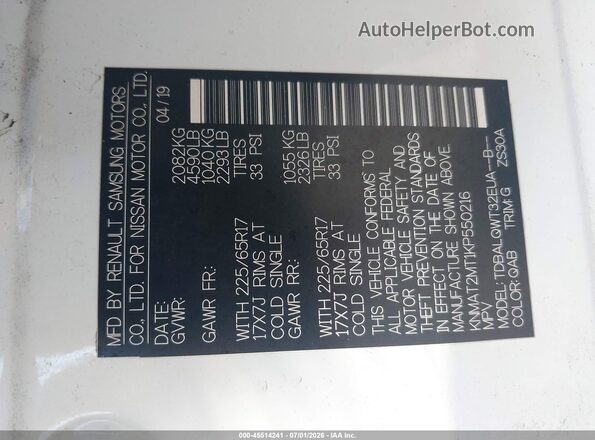 KNMAT2MT1KP550216 2019 NISSAN ROGUE White Շարժիչի բաժամունքի տեսք
