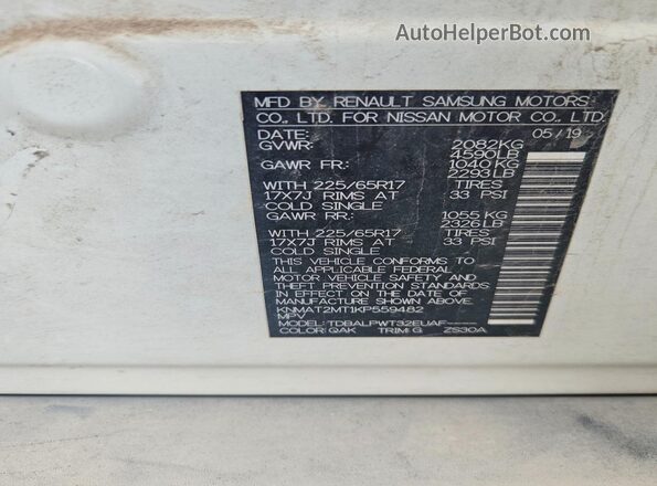 KNMAT2MT1KP559482 2019 NISSAN ROGUE White Vista del compartimento del motor