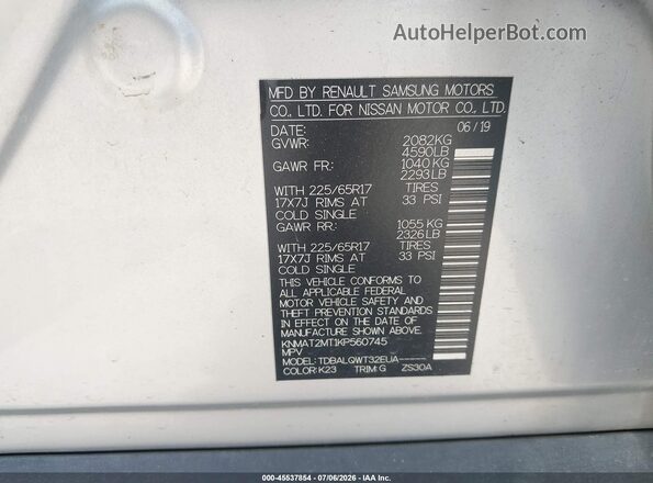 KNMAT2MT1KP560745 2019 NISSAN ROGUE Silver Vista del compartimento del motor