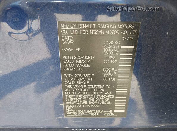 KNMAT2MT1LP508887 2020 NISSAN ROGUE Blue Widok komory silnika