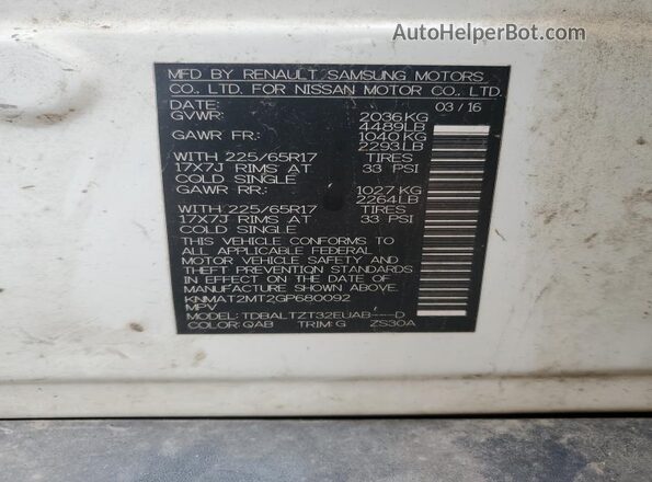 KNMAT2MT2GP680092 2016 NISSAN ROGUE White Շարժիչի բաժամունքի տեսք