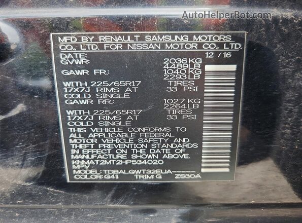 KNMAT2MT2HP534020 2017 NISSAN ROGUE Black Vista de la etiqueta del VIN