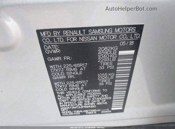 KNMAT2MT2JP594160 2018 NISSAN ROGUE Gray Widok komory silnika