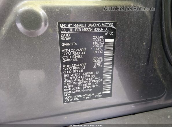 KNMAT2MT2LP542238 2020 NISSAN ROGUE Gray Շարժիչի բաժամունքի տեսք