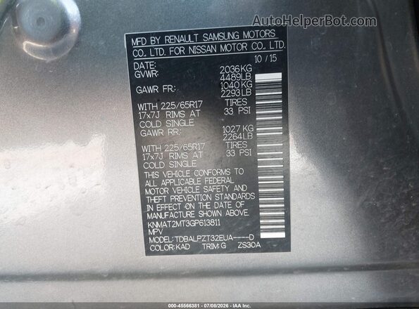 KNMAT2MT3GP613811 2016 NISSAN ROGUE Gray Vista del compartimento del motor