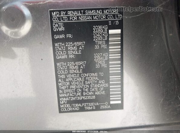KNMAT2MT3GP623528 2016 NISSAN ROGUE Gray Widok komory silnika