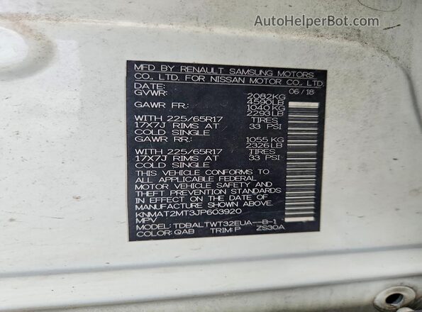 KNMAT2MT3JP603920 2018 NISSAN ROGUE White Vista de la etiqueta del VIN
