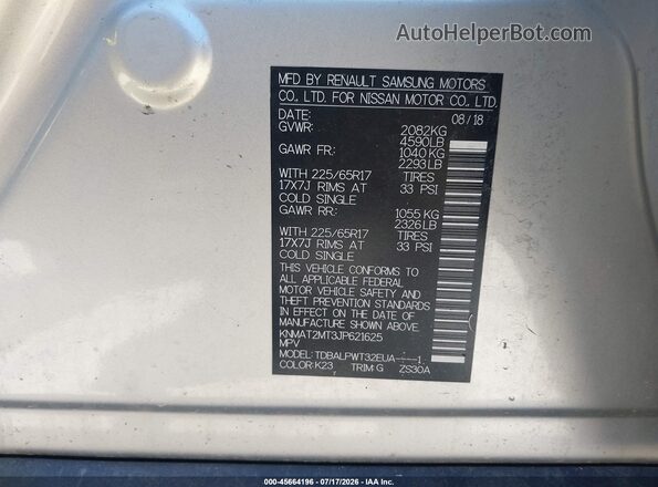KNMAT2MT3JP621625 2018 NISSAN ROGUE Silver Շարժիչի բաժամունքի տեսք