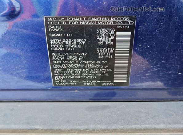 KNMAT2MT3KP557930 2019 NISSAN ROGUE Blue VIN კოდის სტიკერის ხედი