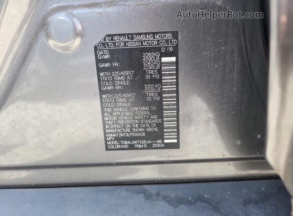 KNMAT2MT3LP533418 2020 NISSAN ROGUE Gray VIN კოდის სტიკერის ხედი