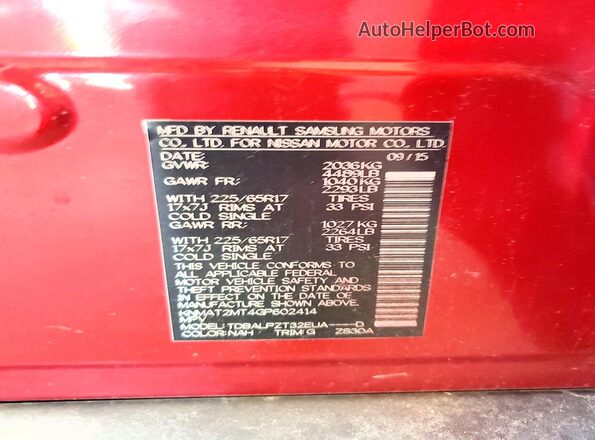 KNMAT2MT4GP602414 2016 NISSAN ROGUE Red Вид наклейки з VIN-кодом