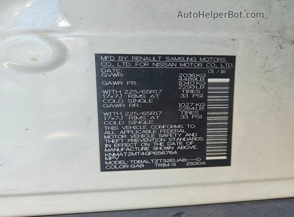 KNMAT2MT4GP656764 2016 NISSAN ROGUE White VIN կոդի պիտակի տեսք