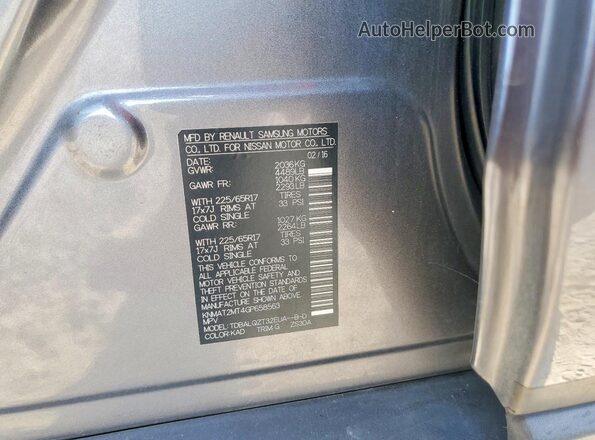 KNMAT2MT4GP658563 2016 NISSAN ROGUE Gray Widok naklejki z numerem VIN