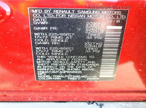 KNMAT2MT4GP658935 2016 NISSAN ROGUE Burgundy VIN sticker view