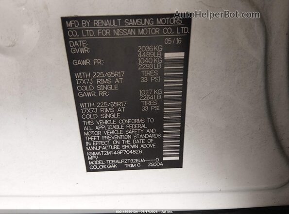 KNMAT2MT4GP704828 2016 NISSAN ROGUE White Engine compartment view