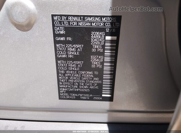 KNMAT2MT5HP532925 2017 NISSAN ROGUE Silver Շարժիչի բաժամունքի տեսք