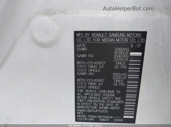 KNMAT2MT5JP521011 2018 NISSAN ROGUE White Շարժիչի բաժամունքի տեսք