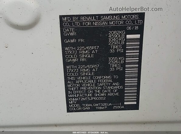 KNMAT2MT5JP603112 2018 NISSAN ROGUE White ძრავის განყოფილების ხედი