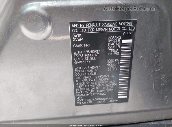KNMAT2MT6JP520322 2018 NISSAN ROGUE Gray Вид підкапотного простору