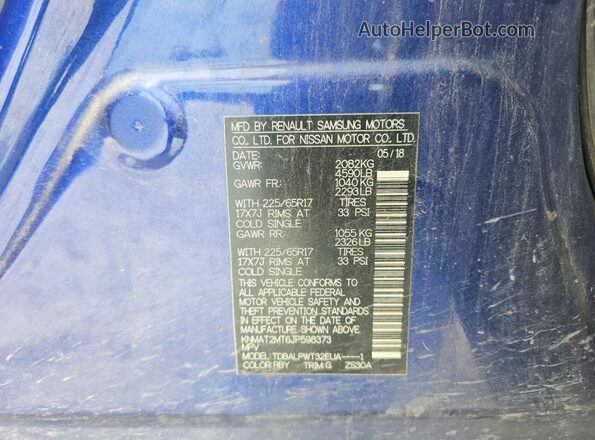 KNMAT2MT6JP598373 2018 NISSAN ROGUE Blue VIN კოდის სტიკერის ხედი