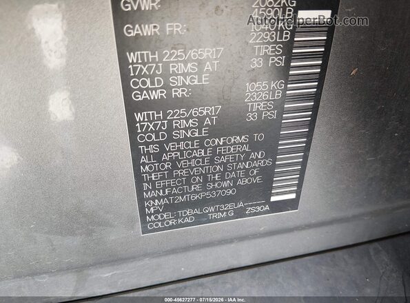 KNMAT2MT6KP537090 2019 NISSAN ROGUE Gray ძრავის განყოფილების ხედი