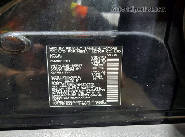 KNMAT2MT6LP505144 2020 NISSAN ROGUE Black VIN კოდის სტიკერის ხედი