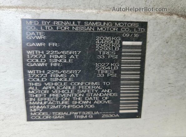KNMAT2MT7HP504706 2017 NISSAN ROGUE White VIN კოდის სტიკერის ხედი