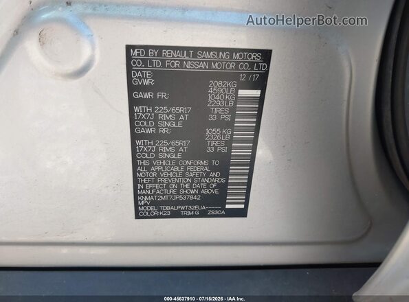 KNMAT2MT7JP537842 2018 NISSAN ROGUE Silver Widok komory silnika