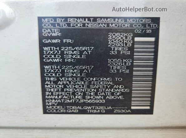 KNMAT2MT7JP565933 2018 NISSAN ROGUE White Սալոնի 360 աստիճան տեսք