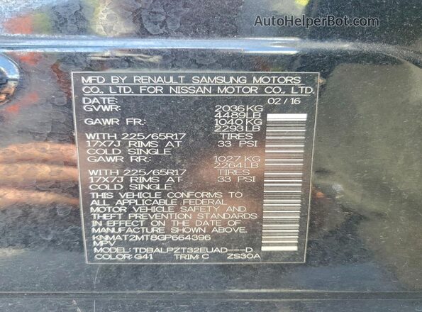 KNMAT2MT8GP664396 2016 NISSAN ROGUE Black VIN կոդի պիտակի տեսք
