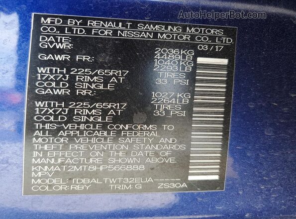 KNMAT2MT8HP566888 2017 NISSAN ROGUE Blue Vista interior de 360 grados