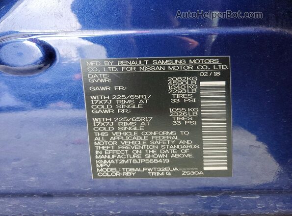 KNMAT2MT8JP568419 2018 NISSAN ROGUE Blue VIN sticker view