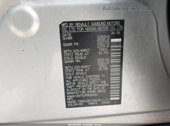 KNMAT2MT8JP605050 2018 NISSAN ROGUE Silver Вид підкапотного простору