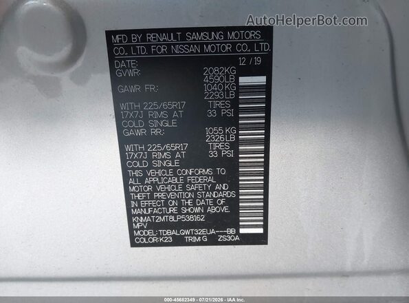 KNMAT2MT8LP538162 2020 NISSAN ROGUE Silver Engine compartment view