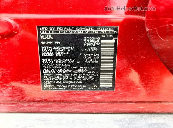 KNMAT2MT9GP613926 2016 NISSAN ROGUE Red Vista de la etiqueta del VIN