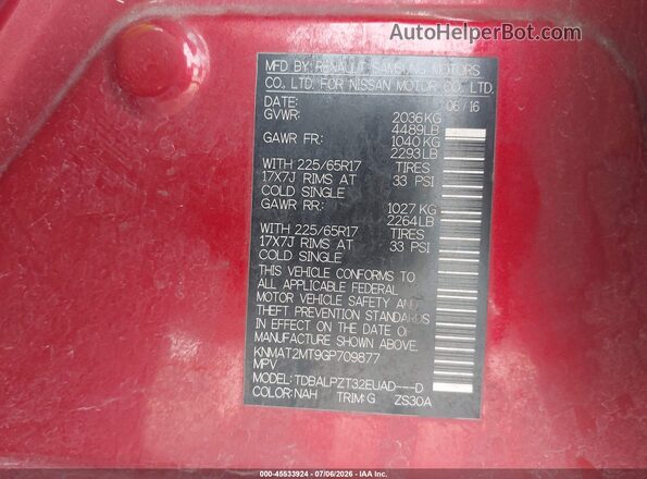 KNMAT2MT9GP709877 2016 NISSAN ROGUE Red Widok komory silnika