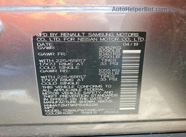 KNMAT2MT9KP548228 2019 NISSAN ROGUE Gray VIN կոդի պիտակի տեսք