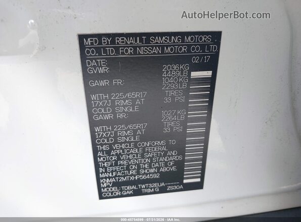 KNMAT2MTXHP564592 2017 NISSAN ROGUE White Engine compartment view